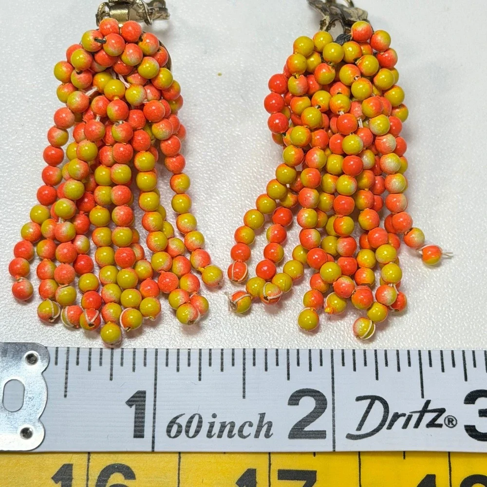 Vintage Japan Citrus Orange Yellow Cha Cha Bead Clip-On Tassel Fringe  Earring